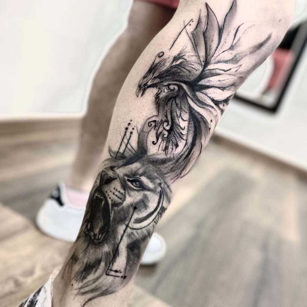 Tatuaggio leone e fenice